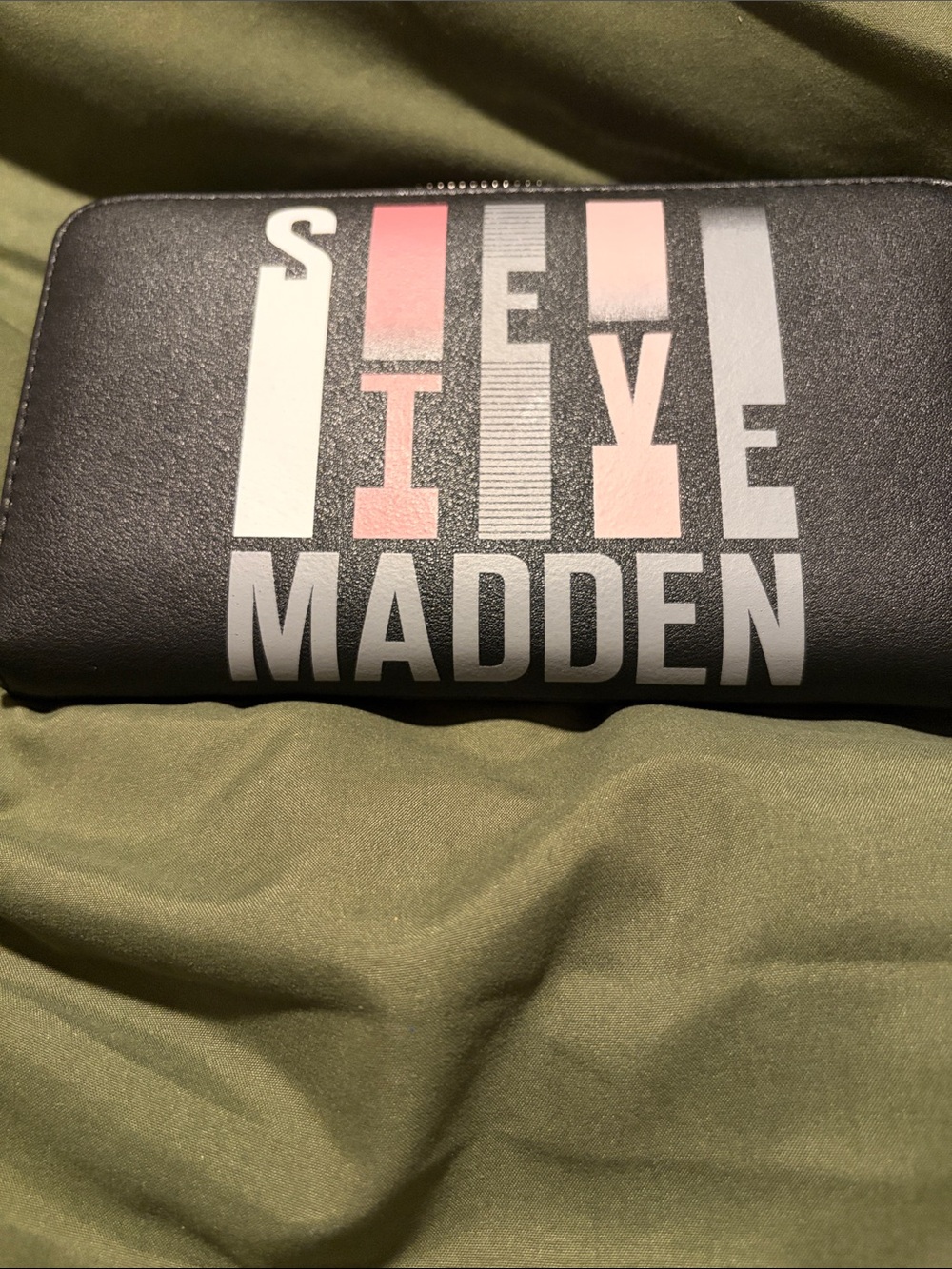 Steve Madden Black Wallet with Pink and Light Gray Lettering